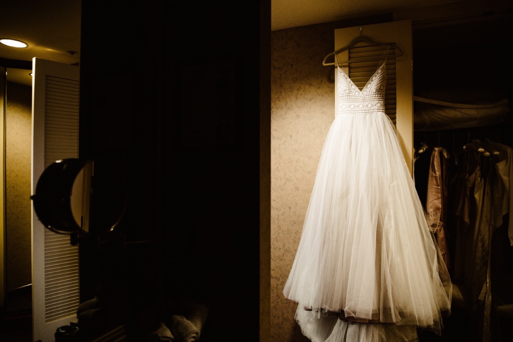 wedding dress hanging in the crows nest