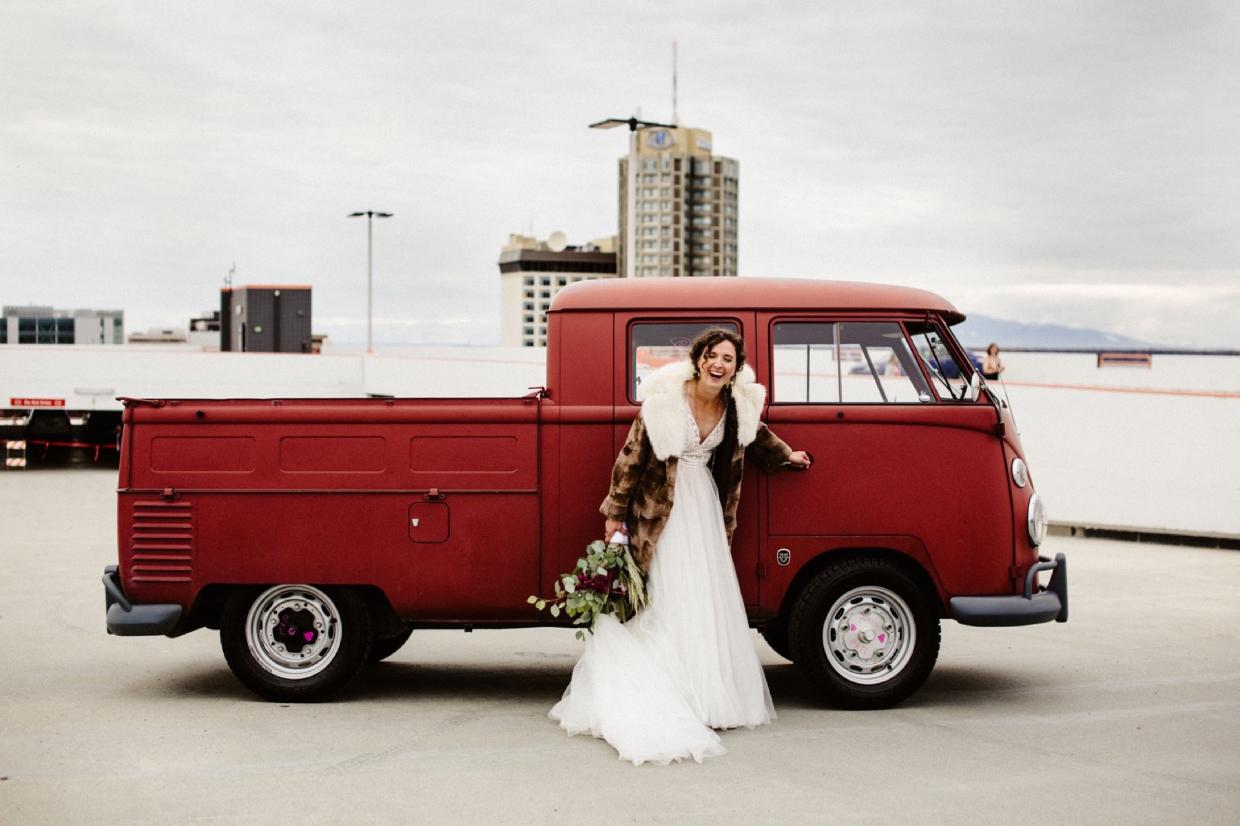 bride in fur with vintage VW bus