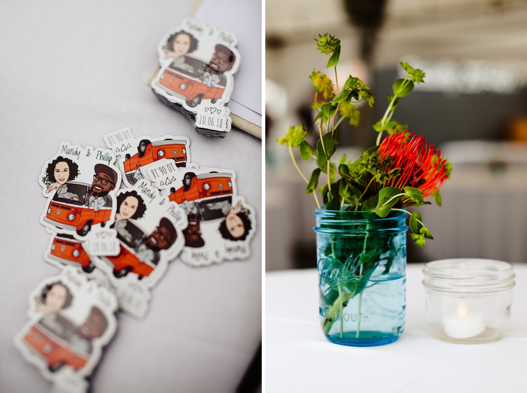 magnets with bride and grooms face riding in a vintage VW van