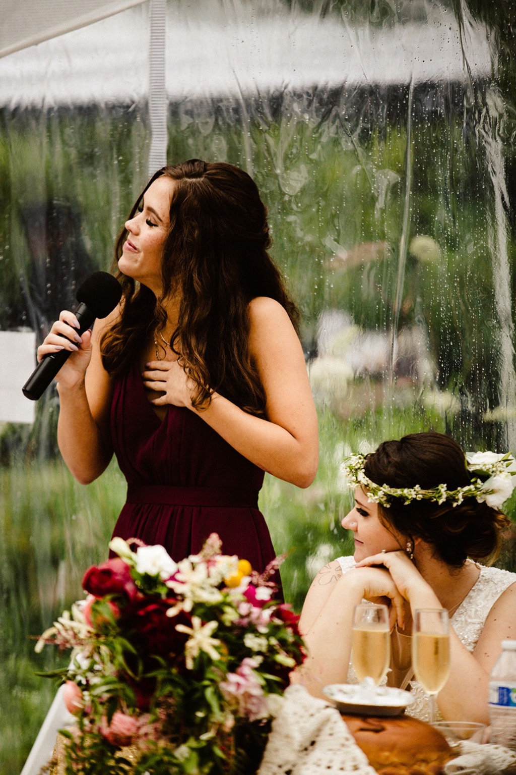 bridesmaid gives a toast at crow creek mine wedding