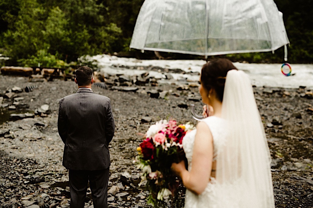 first look with bride and groom at crow creek 