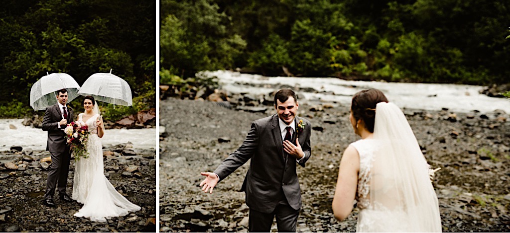 groom is laughing at first look 
