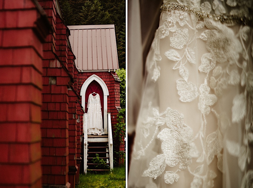 wedding dress hanging in door way of st. peter's episcopal church 