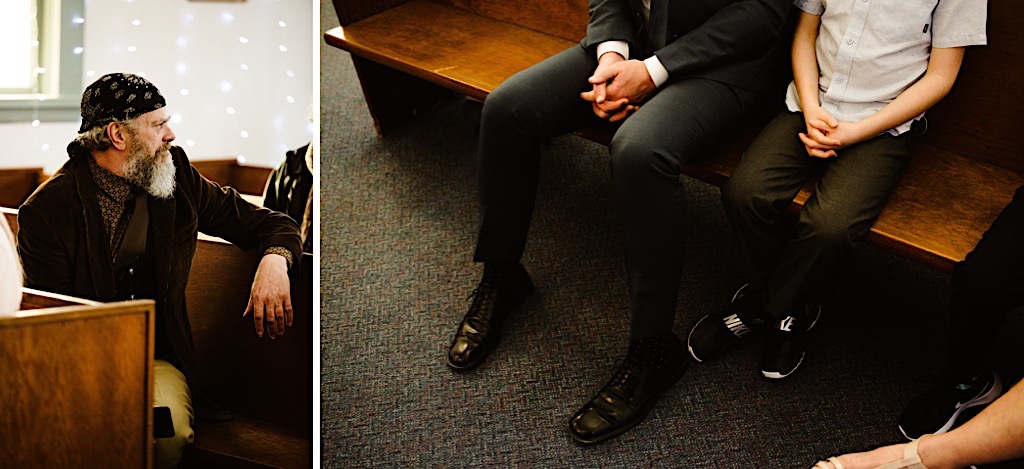 dad and son hold hands the same way sitting on church pew