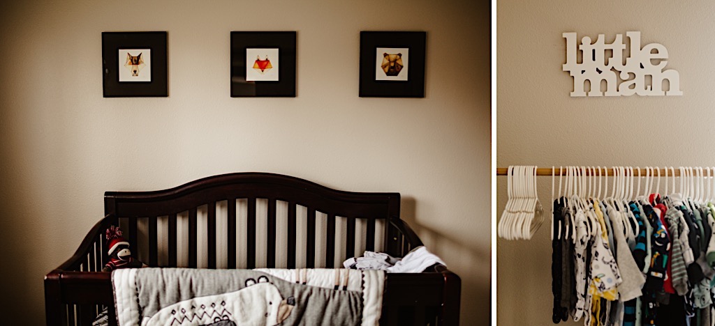 crib with three photos hanging above 
