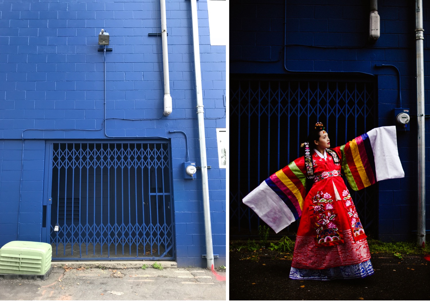bride in korean dress against blue wall