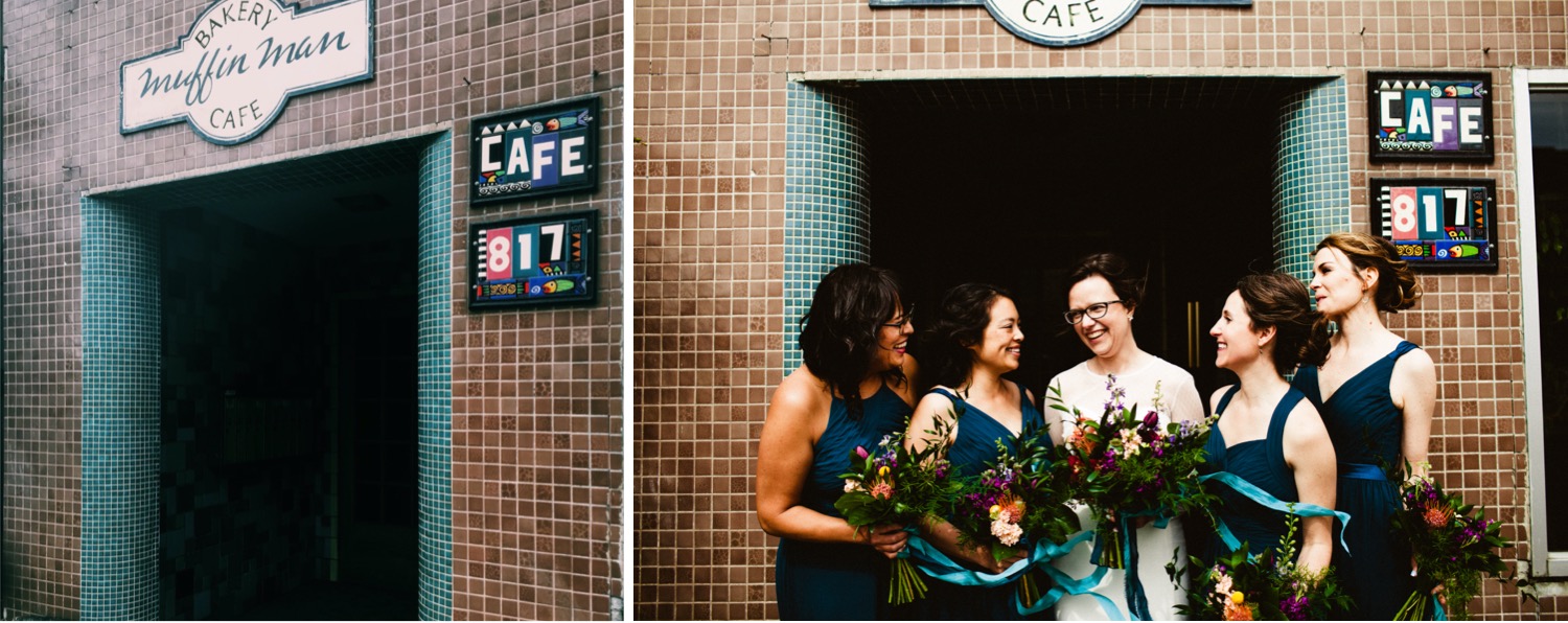 bridal party laughing in front of cafe wall