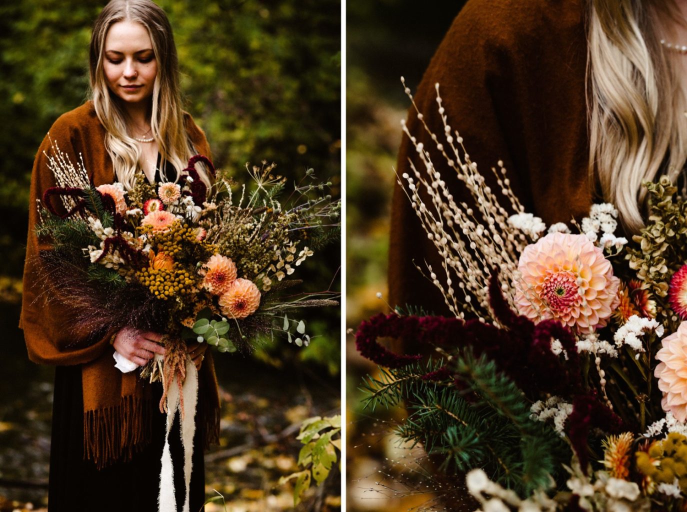 alaska bride elizabeth lent holding bouquet of turnstone farm wedding florals