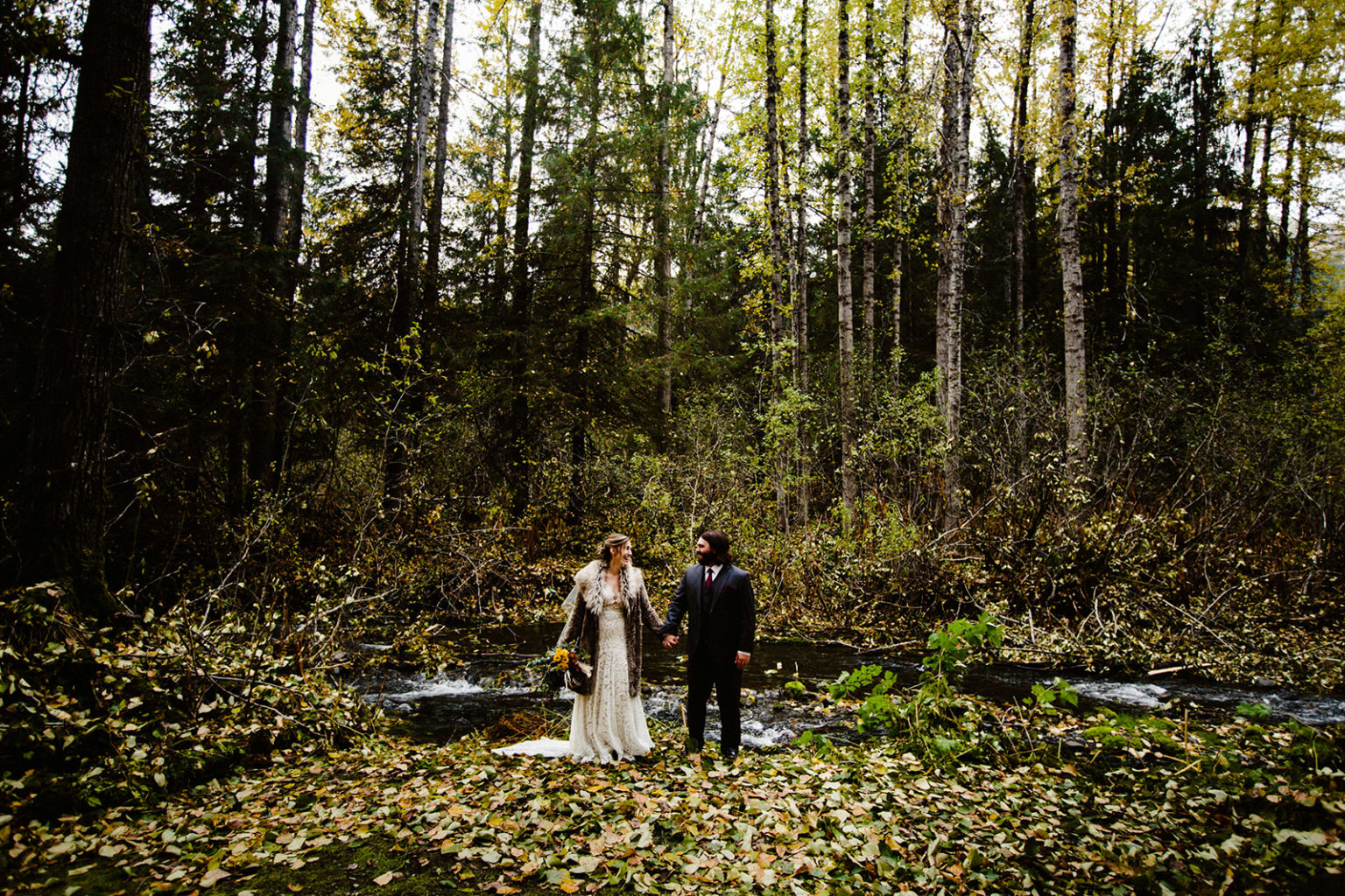 bride and groom at raven glacier lodge