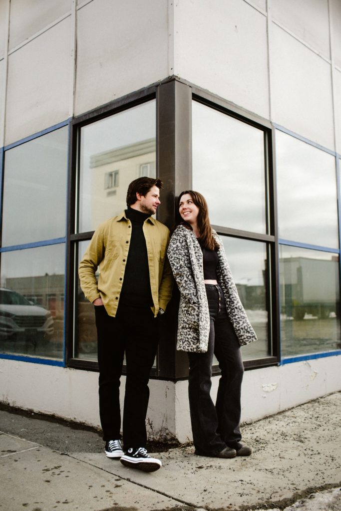 engaged couple in downtown anchorage